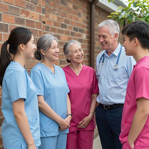 Photograph of five smiling healthcare professionals—two women in blue scrubs, one in pink scrubs, one older woman, and one older man in