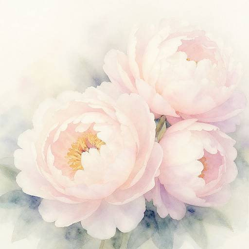 Watercolor-style painting of three soft pink peonies with delicate yellow centers, set against a lightly blurred, white and green background.