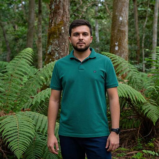 Photograph of a bearded man with short dark hair, wearing a green polo shirt and black pants, standing in a dense forest with ferns in