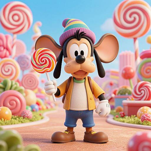 CGI cartoon of Goofy holding a colorful swirl lollipop in a candy-themed path with giant lollipops and sweets.