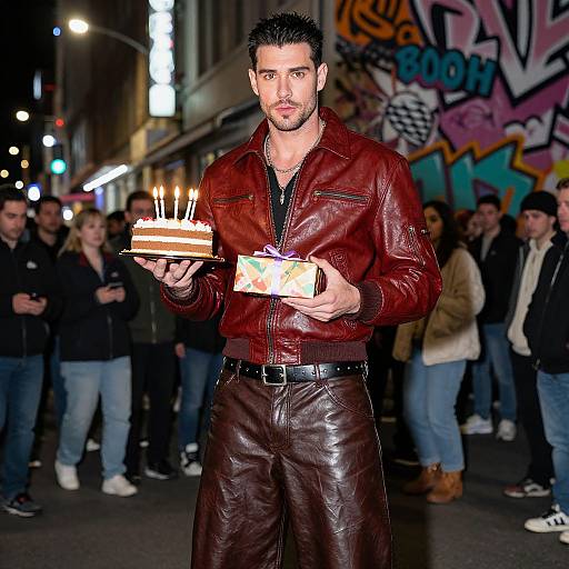 Photograph of a handsome, dark-haired man in a red leather jacket and pants, holding a cake with candles, standing in a lively, graffiti-covered