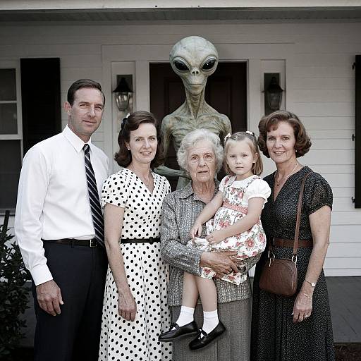 Photograph of a family with an alien statue behind them; man in white shirt and tie, four women in vintage dresses, young girl in floral dress