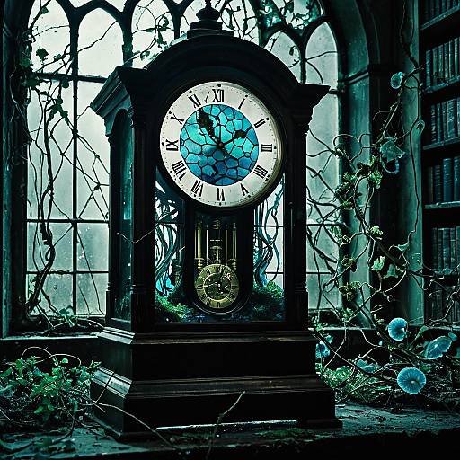 Vintage Clock with Jellyfish in Abandoned Library