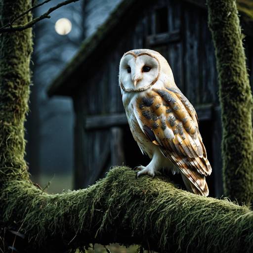 Sleepy Barn Owl on Mossy Branch at Twilight Sleepy Barn Owl on Mossy Branch at Twilight