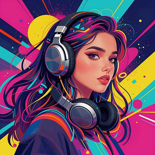 Digital illustration of a young woman with pink and black hair, wearing large headphones, against a vibrant, neon-colored, abstract background.