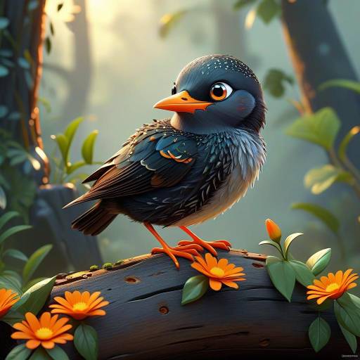 Charming 3D Cartoon Starling on Log