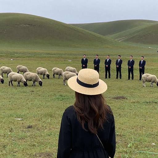 Woman in Straw Hat Watching Sheep