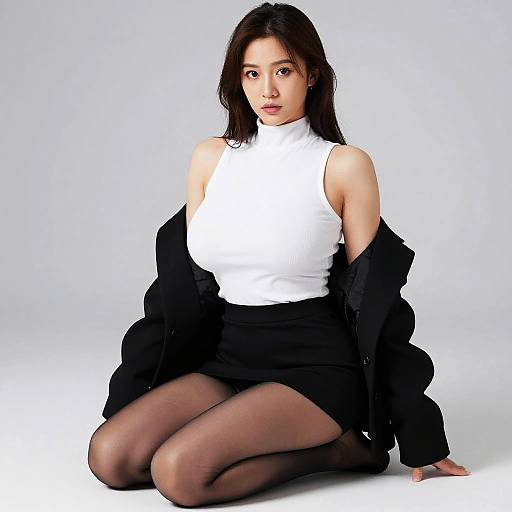 Photograph of an Asian woman with long dark hair, wearing a white sleeveless turtleneck, black skirt, and open black coat, kneeling on