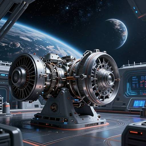 CGI image of a futuristic spaceship's cockpit featuring a large, intricate dual-rotor engine with metallic textures, set against a starry space backdrop