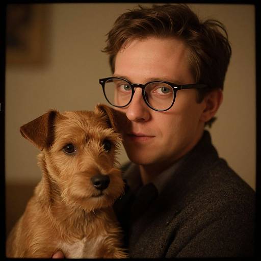 Photograph of a bespectacled man with short brown hair, wearing a dark suit, gently holding a small, brown, wire-haired terrier