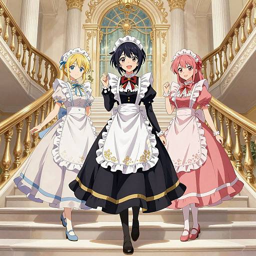 Anime-style digital artwork of three maid characters with black, blonde, and pink hair standing on grand staircase with ornate golden railings.