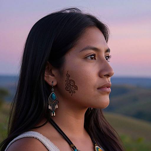 Photograph of a young woman with dark brown hair, brown skin, and intricate henna design on her cheek, wearing turquoise earrings, looking to the