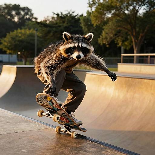 Photograph of a raccoon in brown pants, mid-trick on a skateboard in a sunlit, empty skatepark with trees in the background.