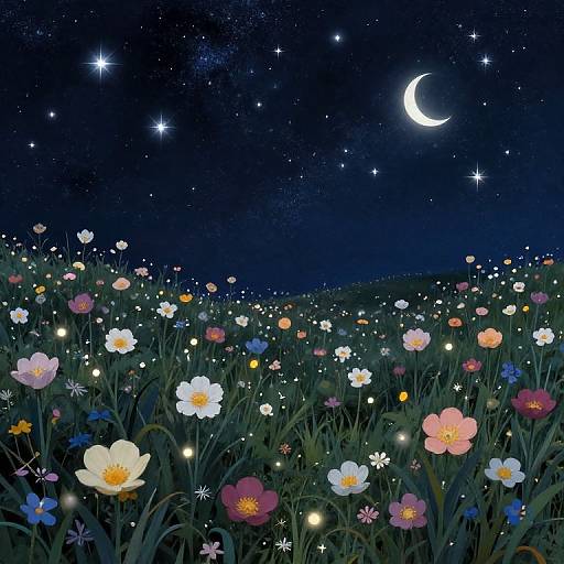 Nighttime field of colorful flowers under a starry sky with a crescent moon, glowing fireflies, and twinkling stars. Digital illustration.