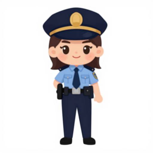 Cartoon-style digital drawing of a cute, smiling female police officer with dark brown hair, blue uniform, navy hat, and black belt.