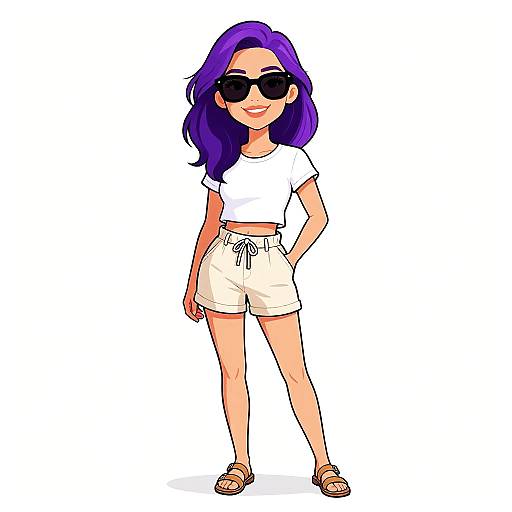 Digital cartoon of a confident woman with purple hair, black sunglasses, white crop top, beige shorts, and sandals, standing against a white background.