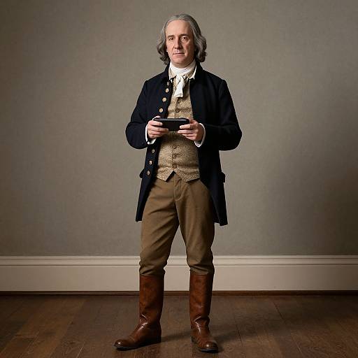 Photograph of a middle-aged man with gray hair, wearing 18th-century attire: black coat, beige waistcoat, brown pants, leather boots