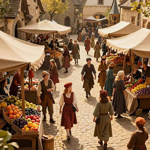 Medieval Marketplace with Colorful Stalls and People