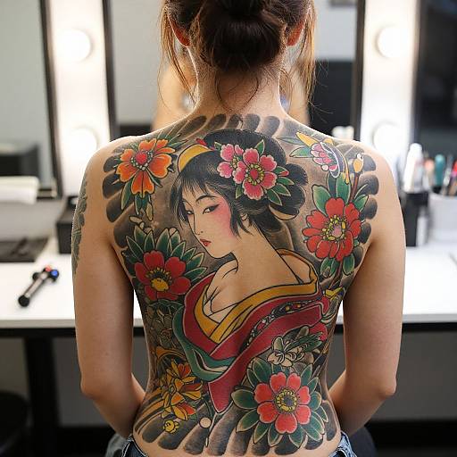 Photograph of a tattooed Asian woman from behind, featuring vibrant floral and portrait tattoos on her back, in a brightly lit tattoo studio.