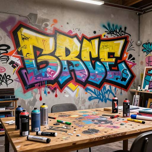 Photograph of a graffiti-covered concrete wall with vibrant 