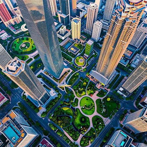 Aerial CGI of a vibrant, modern cityscape with towering skyscrapers, green parks, and winding roads, featuring bright colors and sharp, geometric