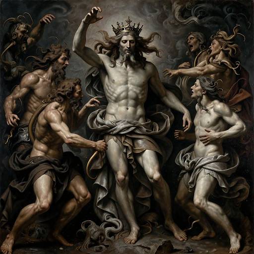 Baroque-style digital painting of muscular, crowned Jesus with long hair, surrounded by four semi-nude, muscular, bearded men in dramatic, dark