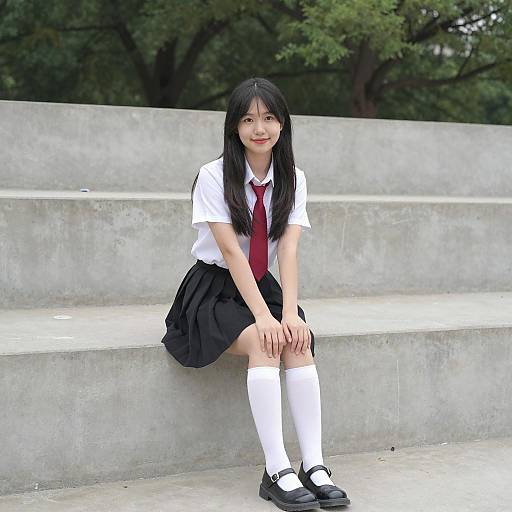 Asian Schoolgirl Sitting Outdoors