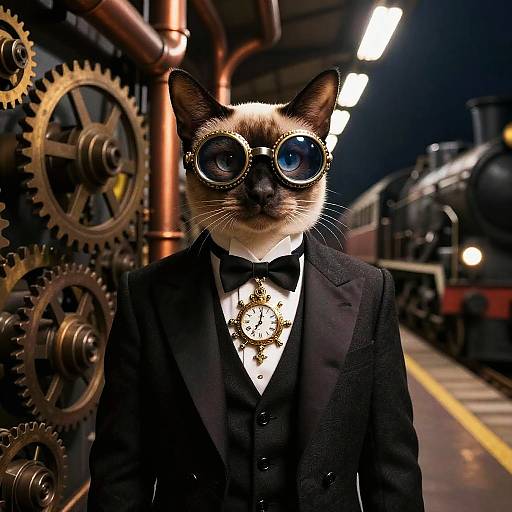 Photograph of a Siamese cat in a black tuxedo, large round glasses, bow tie, and gold pocket watch, standing in front