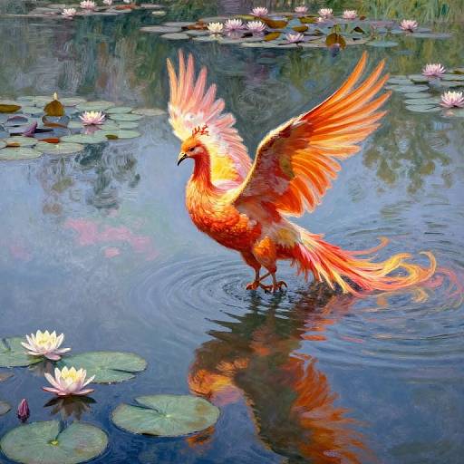 Vibrant digital painting of a fiery red and orange phoenix with spread wings standing in a serene, lily-pad-filled pond, surrounded by blooming