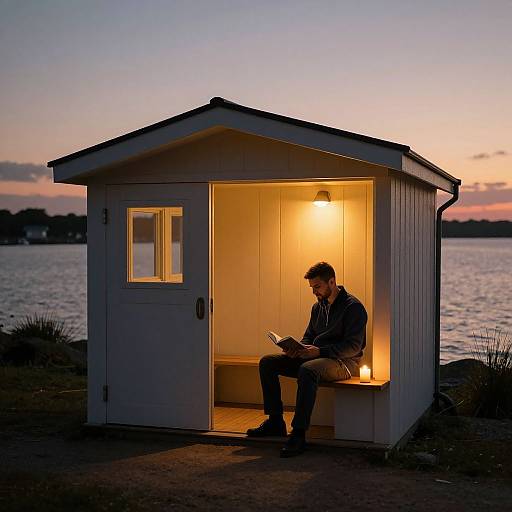 Photograph of a man reading in a white, illuminated, small wooden shed by a lake at dusk, with a sunset sky.