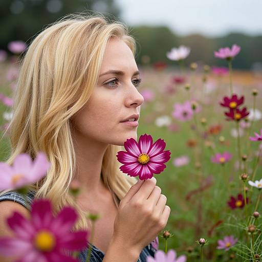 Photograph of a blonde woman with fair skin, holding a pink daisy, standing in a blooming meadow with vibrant flowers.