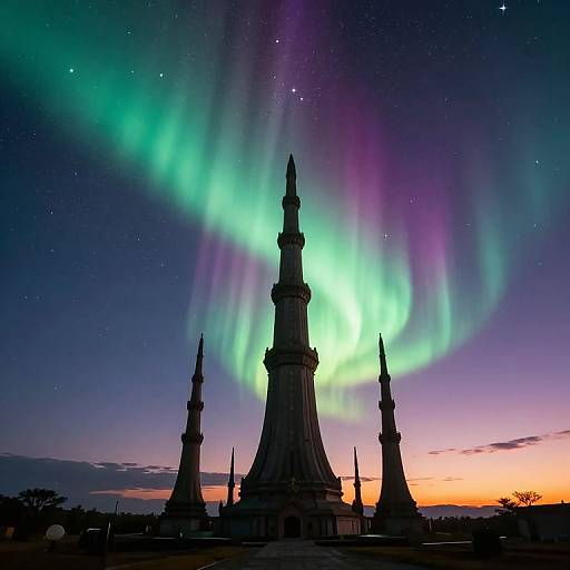 Photograph of a night sky with vibrant green, purple, and blue auroras above a silhouetted mosque with four minarets, against