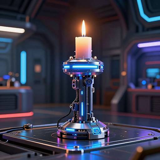 Photograph of a glowing, blue-lit candle holder with a burning white candle in a futuristic, dimly lit, sci-fi lab.