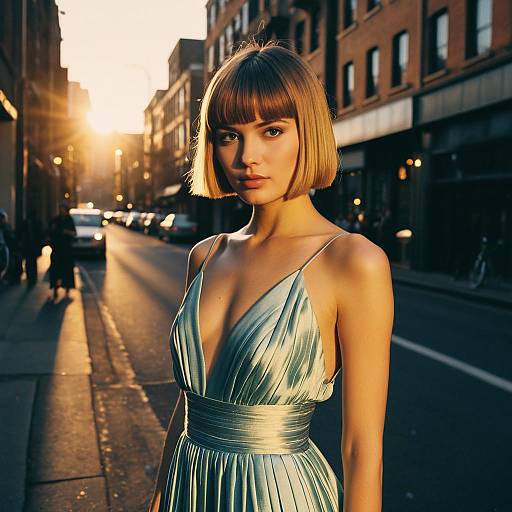 Woman with Long Bowl Cut in Silk Evening Gown at Sunset