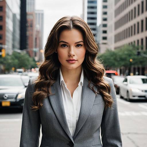 Confident Businesswoman in Gray Suit on City Street