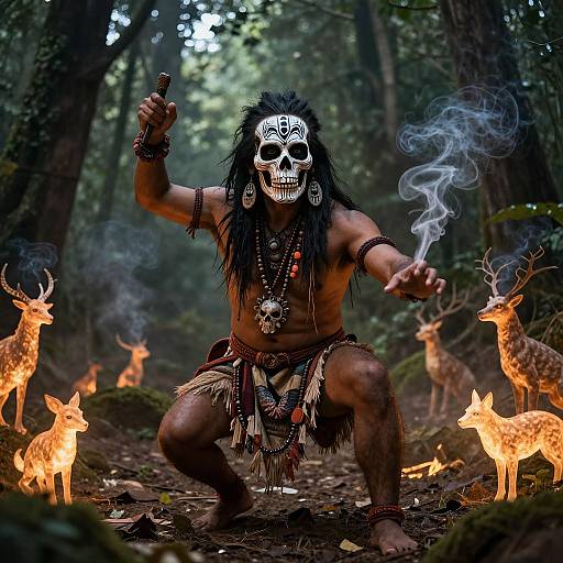 Photograph of a tribal warrior in forest, masked skull face, smoking pipe, adorned with beads and feathers, surrounded by glowing deer.