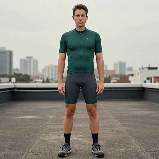 Photograph of a muscular, fit, fair-skinned man with short dark hair, wearing a green cycling jersey, black cycling shorts, and black shoes