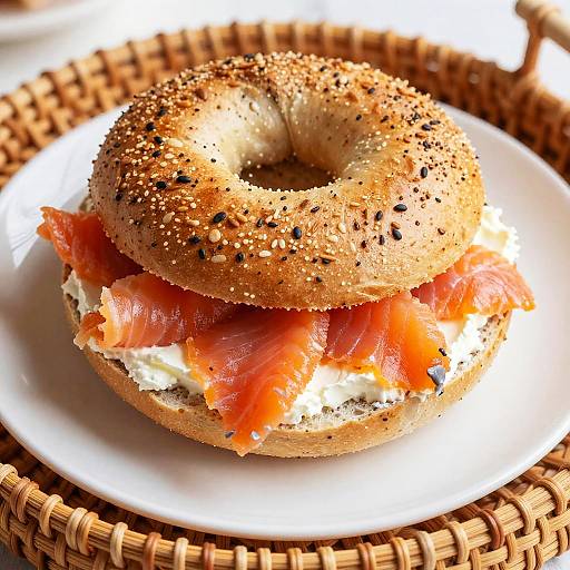 Photograph of a sesame seed bagel with cream cheese and vibrant orange smoked salmon slices, placed on a white plate with a wicker placemat.