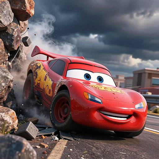 CGI image of Lightning McQueen, a red animated race car with large eyes, crashing through a rocky wall on a stormy street.