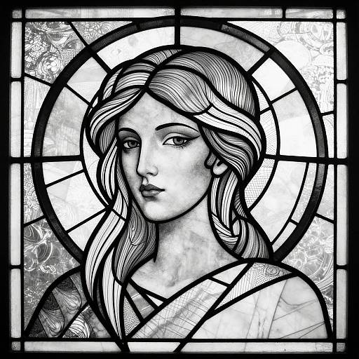 Black and white stained glass artwork of a serene, young woman with long, wavy hair and a halo, featuring intricate line patterns and a circular background