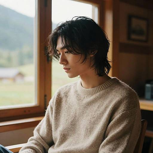 Photograph of an East Asian man with messy black hair, wearing a beige sweater, sitting by a sunlit wooden window. Background shows blurred outdoor green