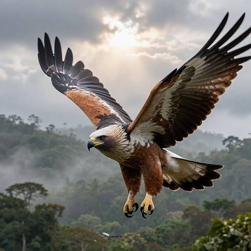 Photograph of a majestic golden eagle with spread wings, flying against a cloudy sky and lush, misty forest background.