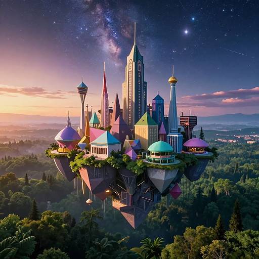 Whimsical Floating Cityscape at Night