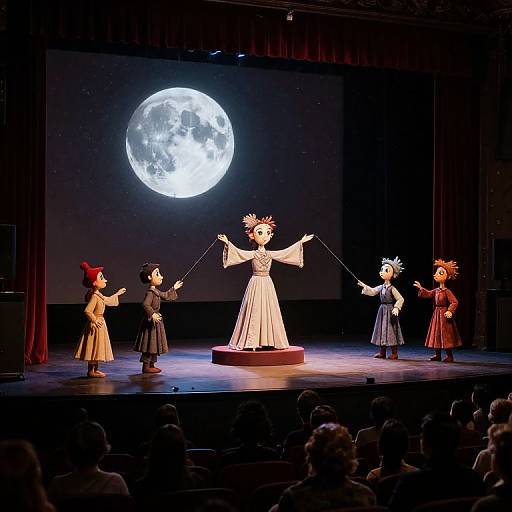 Photograph of a puppet show featuring five colorful puppets on stage, performing under a bright full moon projection.