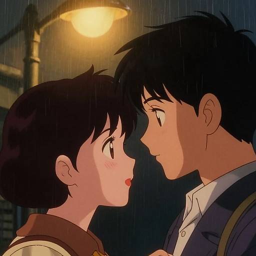 Anime-style digital drawing of a rainy night, a black-haired couple gazing into each other's eyes under a glowing street lamp.