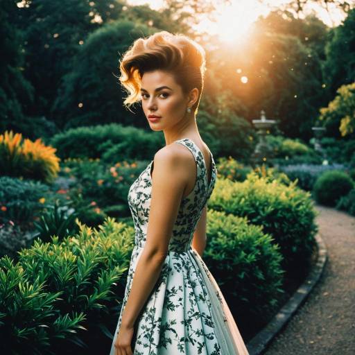 Young Woman with Pompadour Hairstyle in Botanical Garden