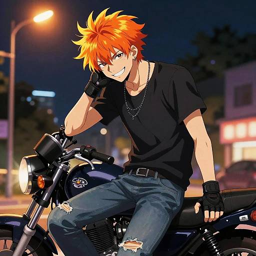 Anime-style digital drawing of a smirking, orange-haired boy in a black t-shirt, fingerless gloves, and ripped jeans, sitting on a