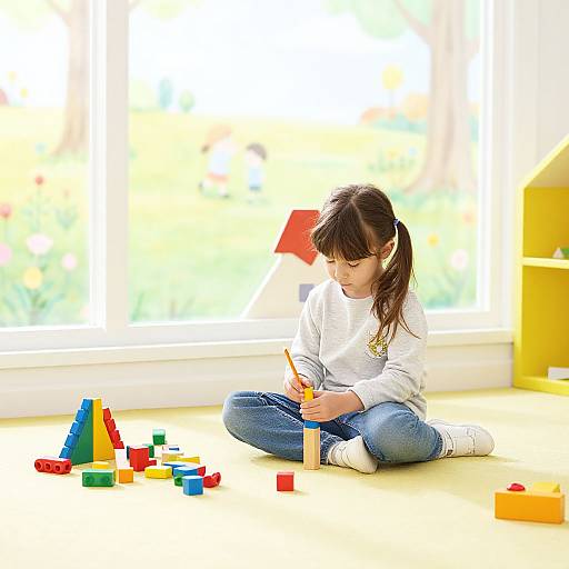 Photograph of a young girl with brown hair in a ponytail, wearing a white sweater and blue jeans, playing with colorful building blocks in a bright