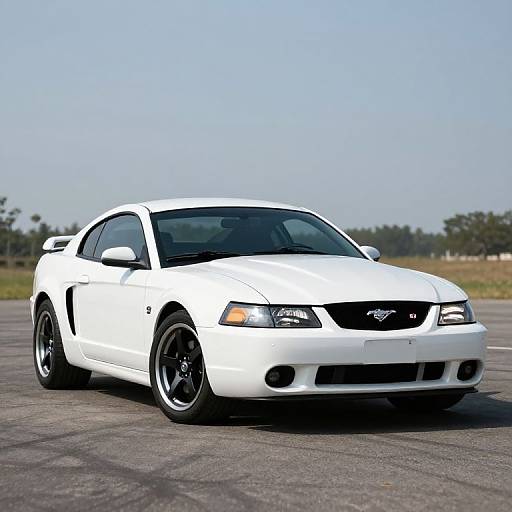 Photograph of a white Dodge Charger sports car with black rims, driving on an empty, sunny asphalt road with a clear blue sky background.