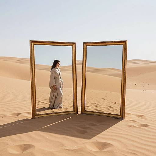 Photograph of a woman in white robes reflected in two open, gold-framed mirrors standing in a sunlit desert with sand dunes.